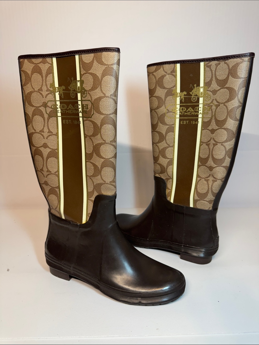 Coach - Brown Logo-Print Tall Rain Boots with Cream Stripe